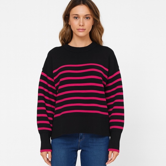 Philosophy Women's XL Striped Pullover Sweater Black Pink Casual - Picture 1 of 8